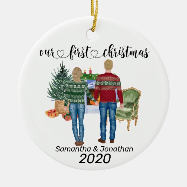 First Christmas Couple Blonde Hair Newlyweds Keramik Ornament (Vorne)