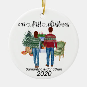 First Christmas Couple Brown Hair Newlyweds Keramik Ornament