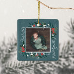 First Christmas Cranberry & Foliage Baby Foto Keramikornament<br><div class="desc">Schönes und elegantes Baby's erste Weihnachtskuchen Foto und feierliche Cranberry Grünrahmen Ornament. Unser Design zeichnet sich durch unsere schöne Cranberry- und Blattwerk-Anordnung aus,  die das Baby-Foto umrahmt. Passen Sie den Namen,  das Jahr und das Foto Ihres Babys an. Alle Illustrationen sind handgezeichnet Originalwerke von Moodthology Papery.</div>