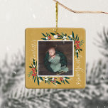 First Christmas Cranberry & Foliage Baby Foto Keramikornament<br><div class="desc">Schönes und elegantes Baby's erste Weihnachtskuchen Foto und feierliche Cranberry Grünrahmen Ornament. Unser Design zeichnet sich durch unsere schöne Cranberry- und Blattwerk-Anordnung aus,  die das Baby-Foto umrahmt. Passen Sie den Namen,  das Jahr und das Foto Ihres Babys an. Alle Illustrationen sind handgezeichnet Originalwerke von Moodthology Papery.</div>