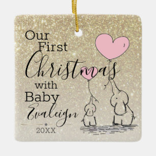 First Christmas Custom Gold Glitzer Baby Elephant Keramikornament