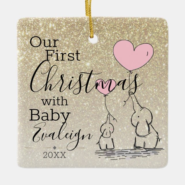 First Christmas Custom Gold Glitzer Baby Elephant Keramikornament (Vorderseite)