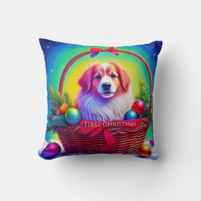 First Christmas Cutest Dog in Holiday Basket Kissen (Vorderseite)