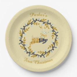First Christmas Deer with Wreath Soft Yellow  Pappteller