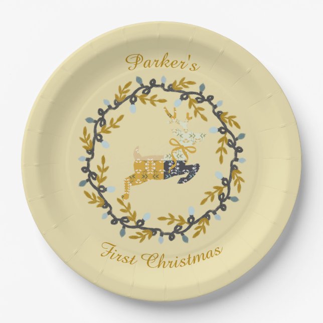 First Christmas Deer with Wreath Soft Yellow  Pappteller (Vorderseite)