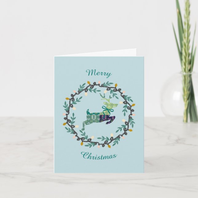 First Christmas Deer with Wreath Teal Folded Card (Devant)