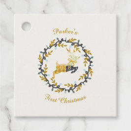 First Christmas Deer with Wreath Yellow Cream Geschenkanhänger