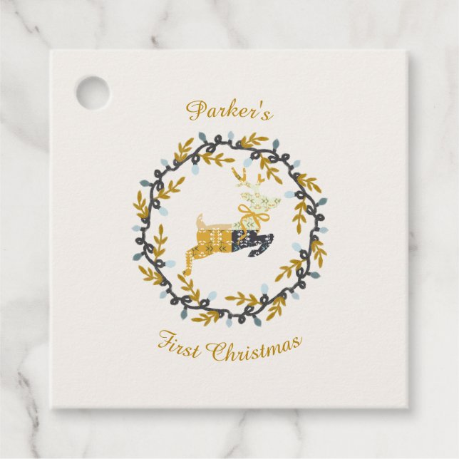 First Christmas Deer with Wreath Yellow Cream Geschenkanhänger (Vorderseite)