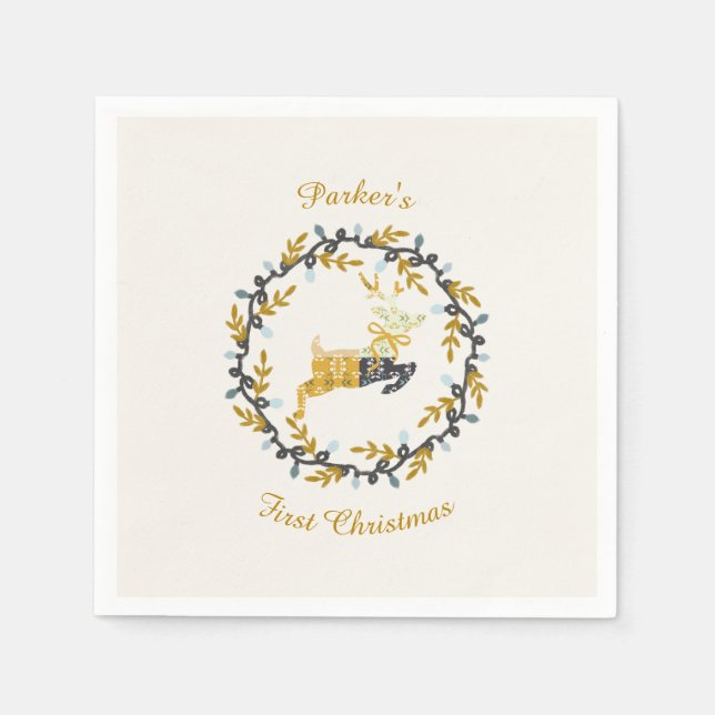 First Christmas Deer with Wreath Yellow Cream Serviette (Vorderseite)