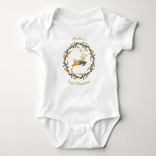 First Christmas Deer with Wreath Yellow Customize Baby Strampler (Vorderseite)