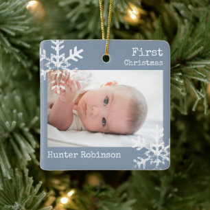 First Christmas Dusty Blue Foto Snowflakes Keramikornament