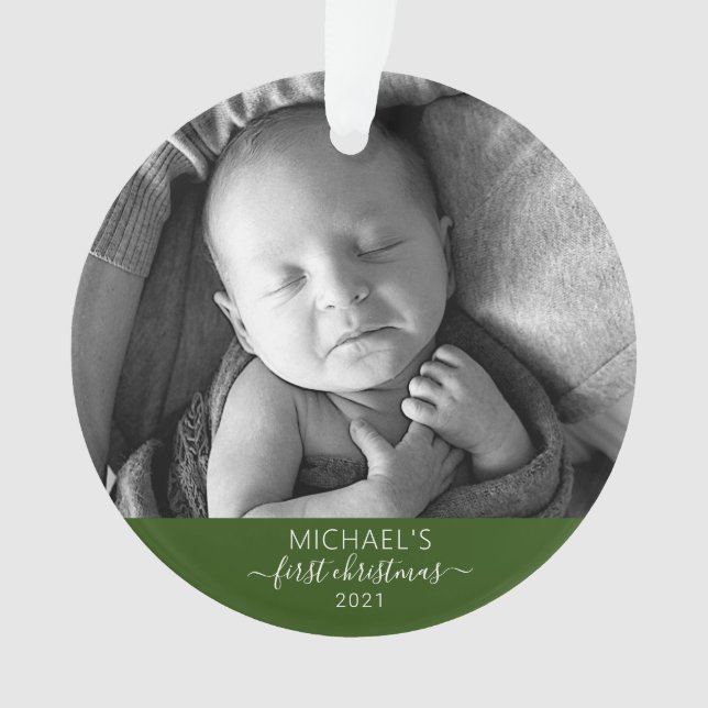 First Christmas Elegant Baby's Foto Name Script Ornament (Vorderseite)