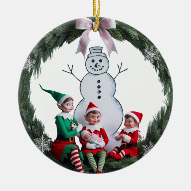 First Christmas Elf Team Wreath Photo Ceramic  Keramik Ornament (Vorne)