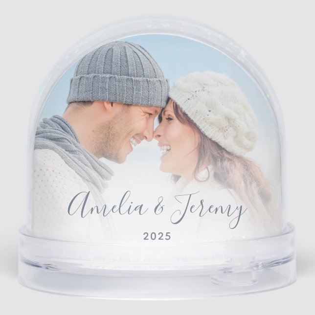 First Christmas Engaged 2 Photo Dusty Blue Script Schneekugeln (Rückseite)