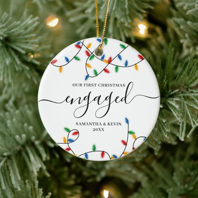 First Christmas Engaged Couple Names Xmas Lights Keramik Ornament (Baum)