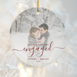 First Christmas Engaged Custom Photo Red Script Keramik Ornament<br><div class="desc">Commemorate your engagement with this beautiful modern keepsake ornament. The dark red text reads "Our first Christmas engaged, " with the word "engaged" in elegant handwriting script with flourishes before and after. Replace the sample image with your favorite photo, and add your names and the year. A white gradient filter...</div>