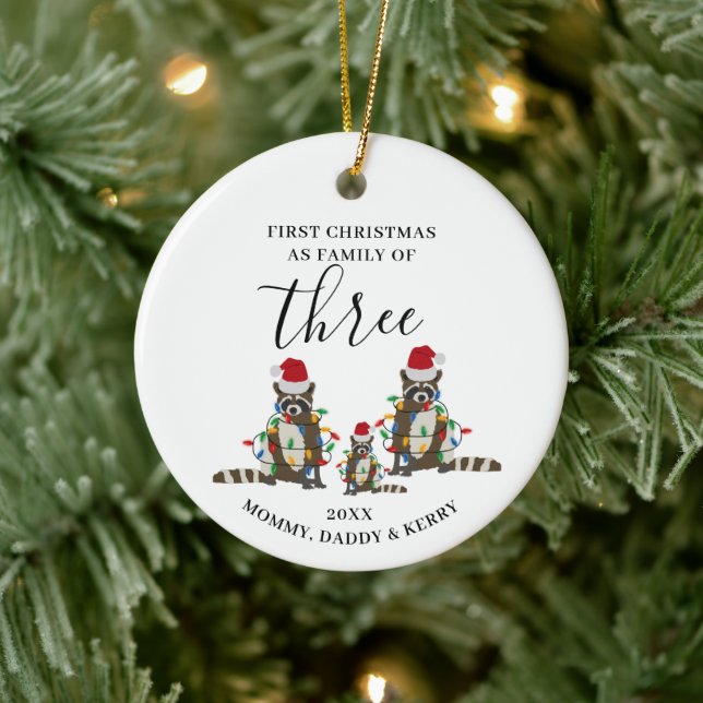 First Christmas Family of Three Cute Raccoon  Keramik Ornament (Baum)