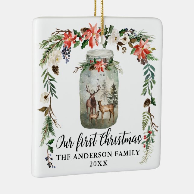 First Christmas Floral Deer Family PHOTO BACK Keramikornament (Rechts)