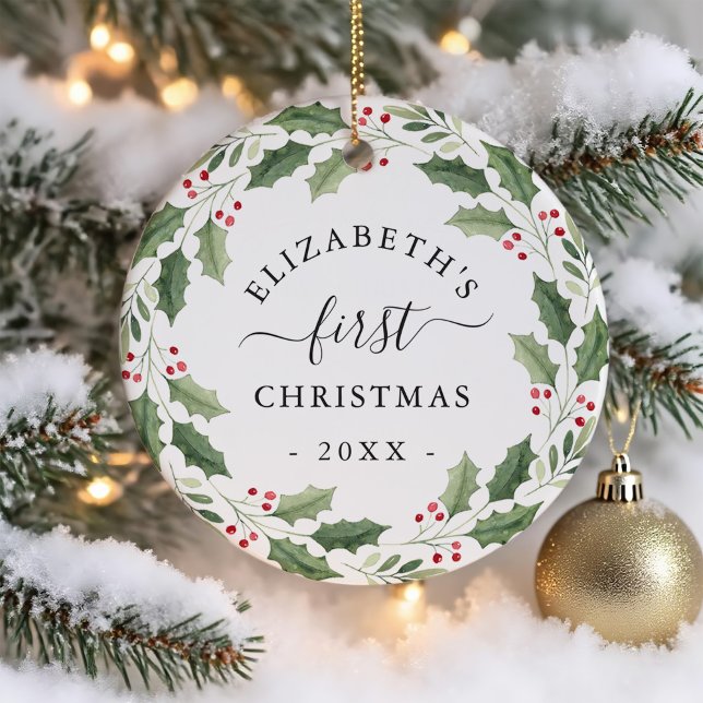 First Christmas Floral Greenery Wreath Keramik Ornament (Von Creator hochgeladen)
