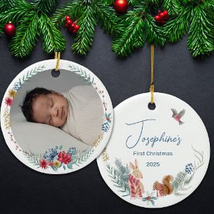 First Christmas Floral Woodland Animal Baby Foto Keramik Ornament