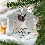 First Christmas Forever Zuhause Pet Foto Aquamarin Ornament Aus Glas<br><div class="desc">Erinnern Sie sich an das erste Weihnachtsfest Ihres Tieres in ihrer neuen Zuhause mit diesem modernen Sakesake-Ornament. Der Text lautet "Erste Weihnachten in meinem Pelz-Zuhause", mit dem Wort "Pelz-je-Zuhause" in eleganter aquamariner, grüner Imitat-Folie. Ersetzen Sie das Beispielbild durch ein Foto Ihrer Katze oder Ihres Hundes und fügen Sie ihren Namen...</div>