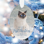 First Christmas Forever Zuhause Pet Foto Blue Oval Ornament<br><div class="desc">Erinnern Sie sich an das erste Weihnachtsfest Ihres Tieres in ihrer neuen Zuhause mit diesem modernen Sakraldekor. Die Worte "Erste Weihnachten" erscheinen in elegantem blauen Schrift. Ersetzen Sie das Beispielbild durch ein Foto Ihrer Katze oder Ihres Hundes und fügen Sie ihren Namen und das Jahr in blauen Sans Serif Schriftart....</div>