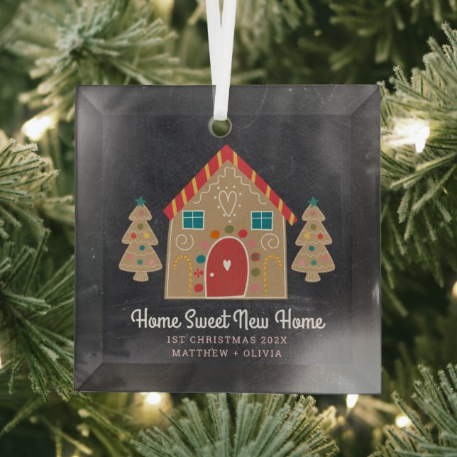 First Christmas Gingerbrett Neue Zuhause Chalkboar Ornament Aus Glas (Insitu)