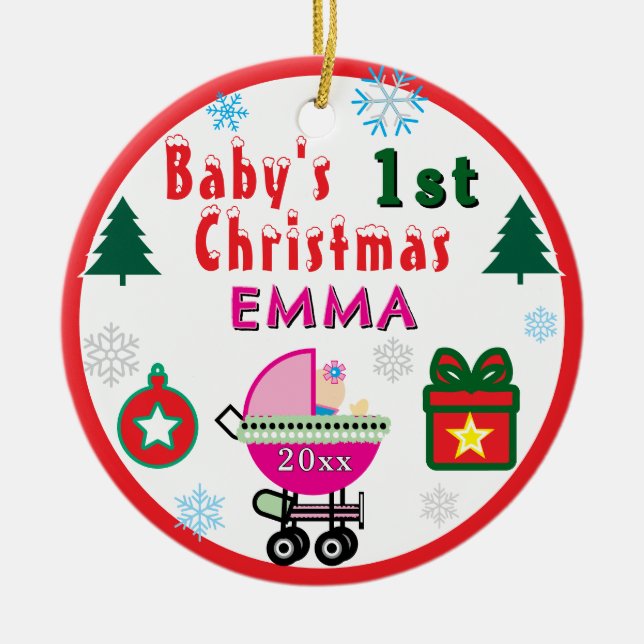 First Christmas Girl Pink Name PHOTO Keramik Ornament (Vorne)