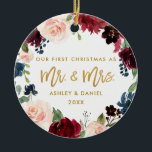 First Christmas Gold Floral | Foto zurück Keramik Ornament<br><div class="desc">Elegantes Gold Script Watercolor Burgundy und Blauer Flora - Unsere ersten Weihnachten als Mr. und Mrs. Wedding Ornament - Foto Back</div>