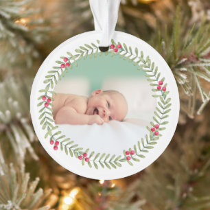 First Christmas Green Holiday Wreath Baby Foto Ornament