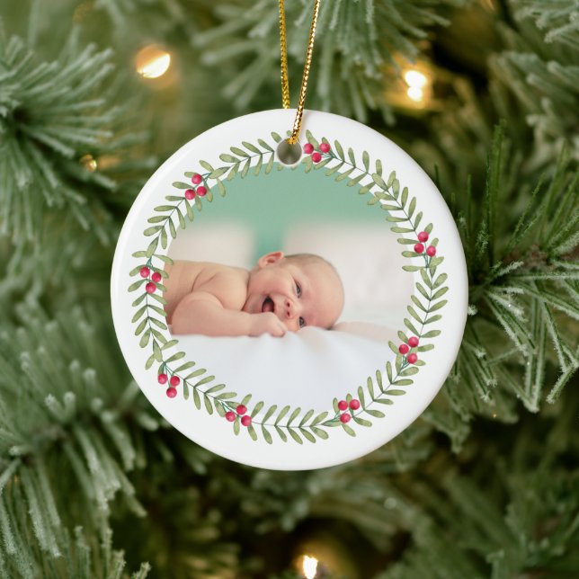 First Christmas Green Holiday Wreath Baby Keramik Ornament (Baum)