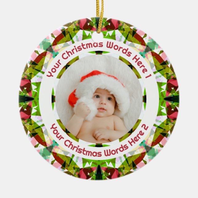 First Christmas Green Pink Photo Baby Keepsake Keramik Ornament (Vorne)