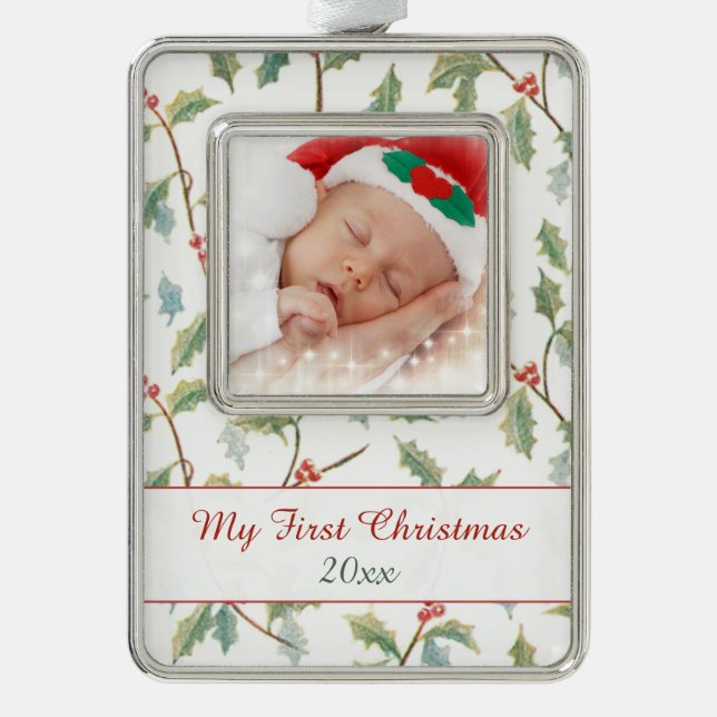 First Christmas Holly und Custom Foto Rahmen-Ornament Silber (Vorderseite)