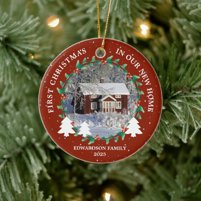 First Christmas in our new Home house photo Keramik Ornament (Baum)