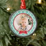 First Christmas Keepsake Foto Holiday Ornament<br><div class="desc">Beautiful custom designed keepsake Christmas ornament. Personalize it with your newborn foto and the year to remember baby first Christmas. Click Customize It to edit fonts or add fotos to create your own one of a holiday ornament design. A special and unique gift!</div>