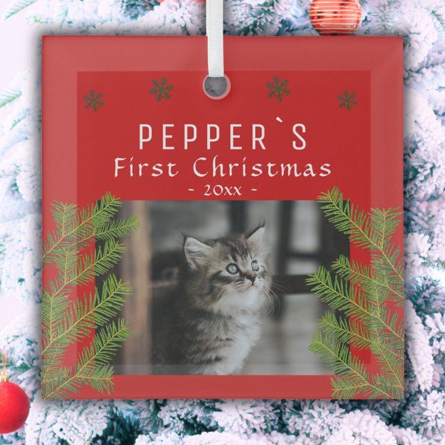 First Christmas Kitten Cine Pine Foto Keepake Ornament Aus Glas (Von Creator hochgeladen)