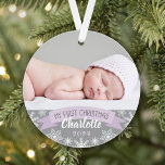 First Christmas Lavender Purple Baby Girl Foto Ornament<br><div class="desc">"My First Christmas" banner and snowflake border foto ornament design can be personalized with the baby girl's name and birth year. Einschliessungen haben ein zweites Foto. Light lavender purple,  gray and white colors.</div>