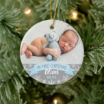 First Christmas Light Blue Baby Boy Foto Keramik Ornament<br><div class="desc">"Mein erstes Weihnachtsbanner" und das Schneeflocken-Foto-Ornament-Design können mit dem Namen und Geburtsjahr des Babys personalisiert werden. Enthält ein zweites Foto auf der Rückseite. Hellblau,  grau und weiß.</div>
