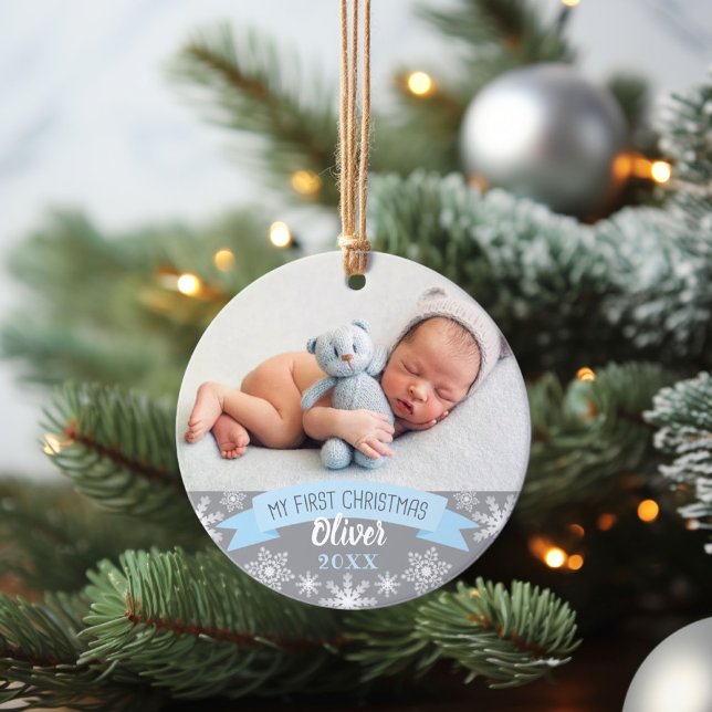 First Christmas Light Blue Baby Boy Foto Ornament (Von Creator hochgeladen)