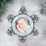First Christmas Light Blue Custom Baby Boy Foto Schneeflocken Zinn-Ornament<br><div class="desc">Personalisieren Sie diese elegante erste Weihnachtsschmuck mit einem Foto Ihres Babys. Ein runder,  hellblauer und zinngrauer Rand mit "Baby's First Christmas" Text umrahmt sein neugeborenes Foto.</div>