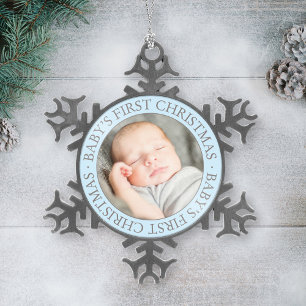 First Christmas Light Blue Custom Baby Boy Foto Schneeflocken Zinn-Ornament