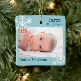 First Christmas Light Blue Navy Foto Snowflakes Keramikornament