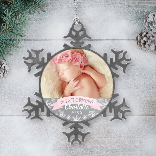 First Christmas Light Pink Baby Girl Foto Schneeflocken Zinn-Ornament (Von Creator hochgeladen)