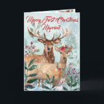 "First Christmas Married" Modern Floral Watercolor Feiertagskarte<br><div class="desc">"Merry First Christmas Married" is a Christmas Winter Snowy Scene with a Buck and Doe. She is adorned with Christmas Floral Headpiece and Necklace. They live amongst the fir trees, foliage and berries, creating a Magical Woodlands Christmas backdrop. Each element is carefully hand painted in watercolors and individually placed. Popular...</div>