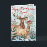 "First Christmas Married" Modern Floral Watercolor Feiertagskarte<br><div class="desc">"Merry First Christmas Married" is a Christmas Winter Snowy Scene with a Buck and Doe. She is adorned with Christmas Floral Headpiece and Necklace. They live amongst the fir trees, foliage and berries, creating a Magical Woodlands Christmas backdrop. Each element is carefully hand painted in watercolors and individually placed. Popular...</div>