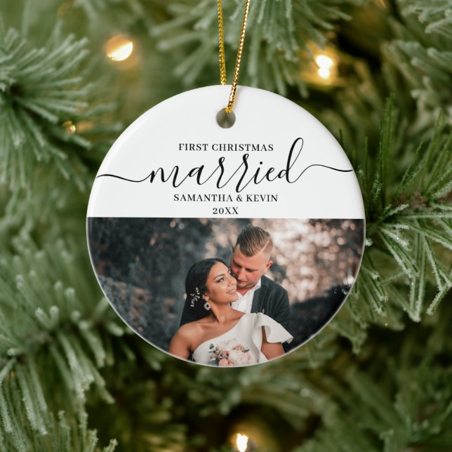 First Christmas Married Mr Mrs Couple Names Photo  Keramik Ornament (Baum)