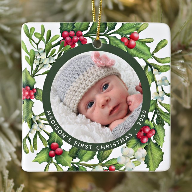 First Christmas Mistletoe Wreath Custom Baby Foto Keramikornament (Von Creator hochgeladen)