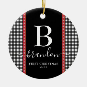 First Christmas Monogram Baby Name Buffalo Kariert Keramik Ornament