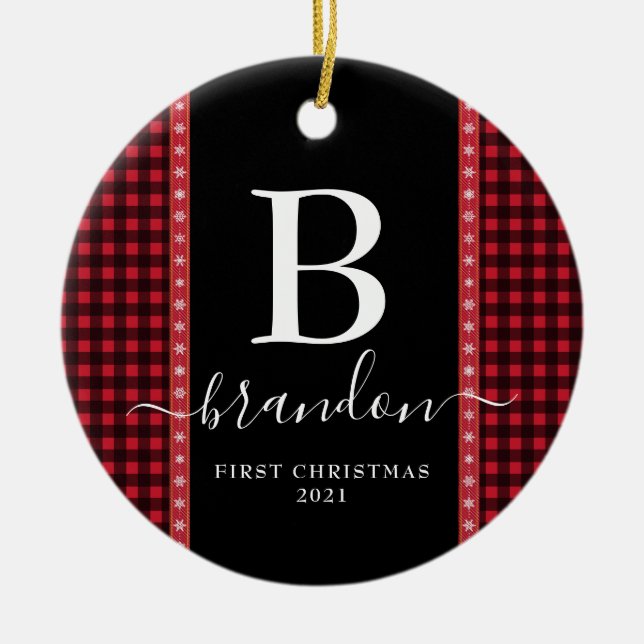 First Christmas Monogram Baby Name Buffalo Kariert Keramik Ornament (Vorne)