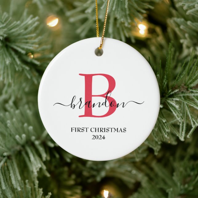 First Christmas Monogram Baby Name Xmas Custom Keramik Ornament (Baum)